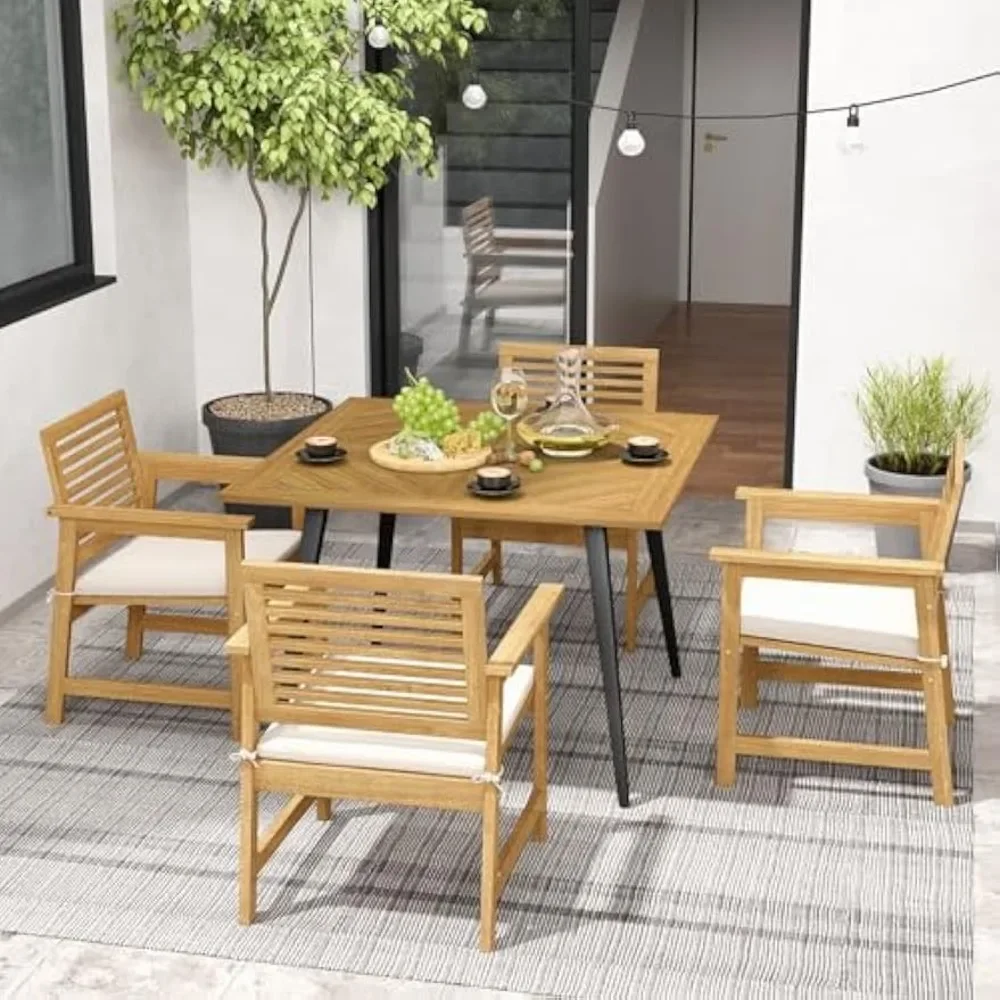 

4-seater Outdoor Dining Table, 42.5-inch Acacia Wood Patio Table with 1.9-inch Umbrella Hole, Metal Legs and Adjustable Feet