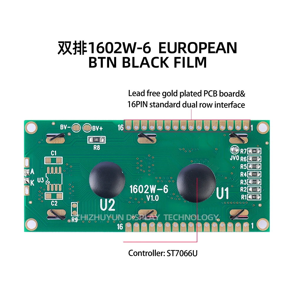 Módulo de Exibição de Temperatura Ampla Ângulo Europeu Completo, Filme Preto, Carta Roxa STN, High Frame, 16*2 BTN, 12mm, 1602W-6