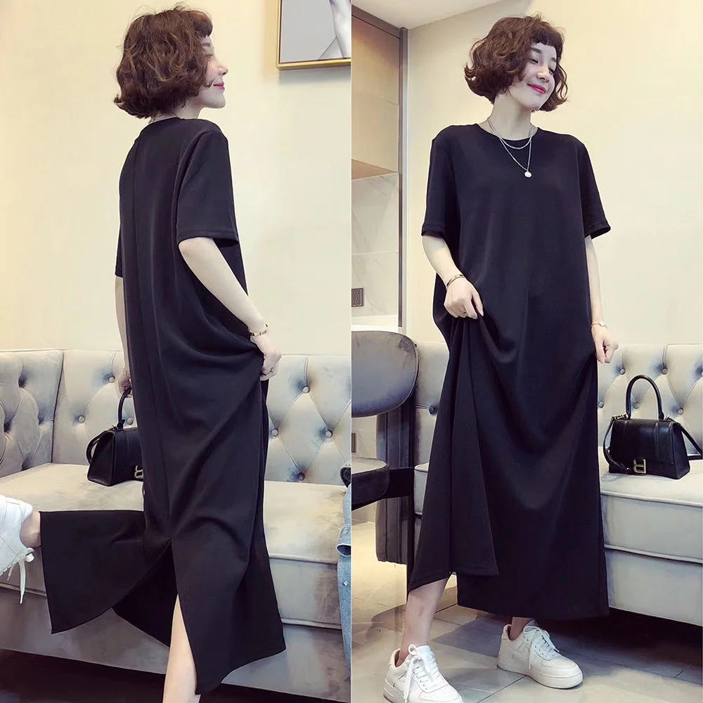 

Свободное летнее платье-футболка из ледяного шелка для женщин, модное повседневное трикотажное платье средней длины с коротким рукавом, с разрезом, А-силуэт, H-образный силуэт