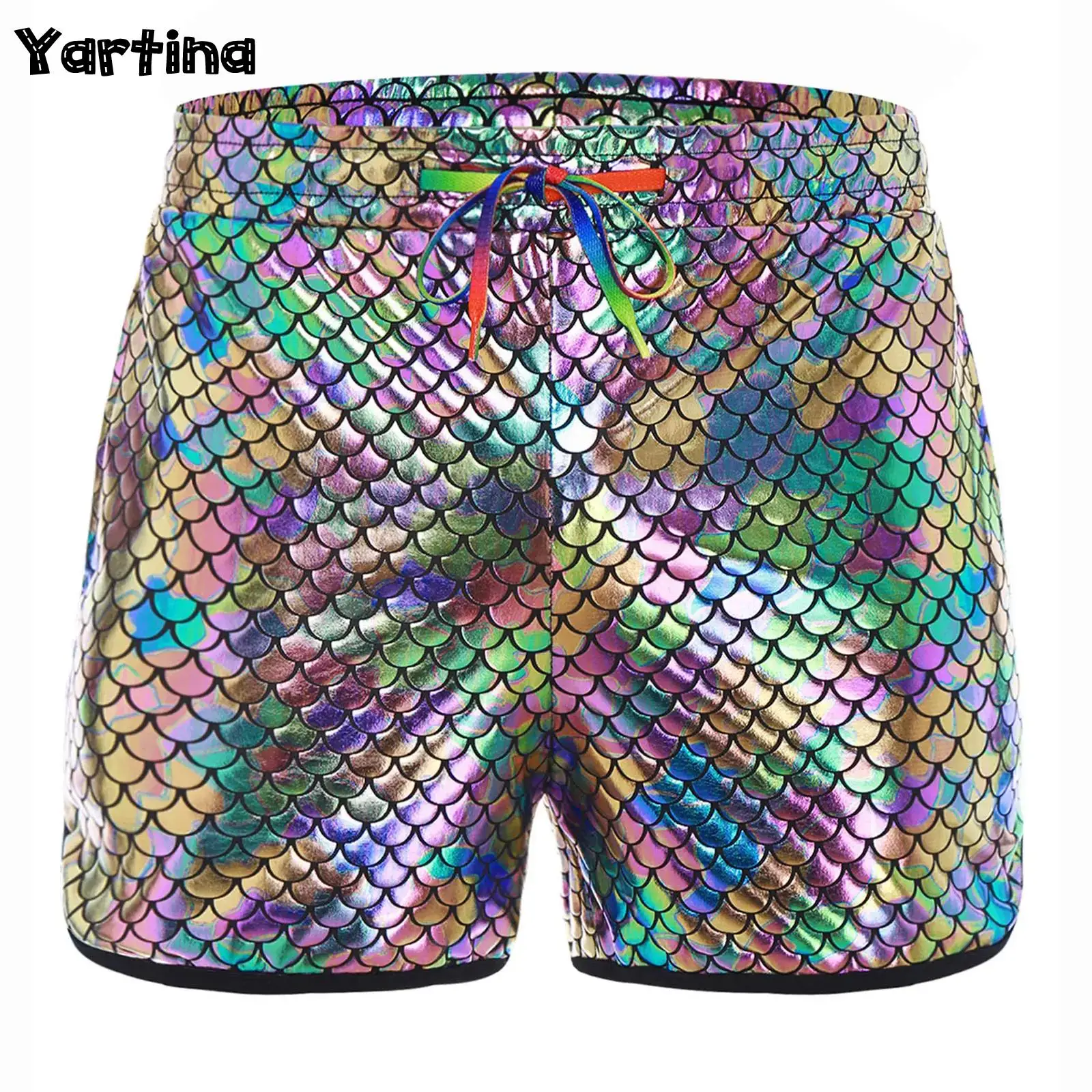 Pantaloncini da uomo con motivo a squame di pesce lucido metallizzato Tasche oblique Tronchi Raves Abiti da festa Pantaloni corti con coulisse in vita elastica