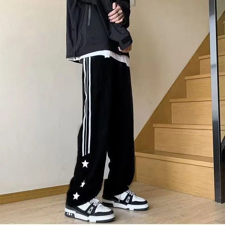 Men's summer fashion brand American retro three stripes star print tracksuit pants wide leg loose straight trousers