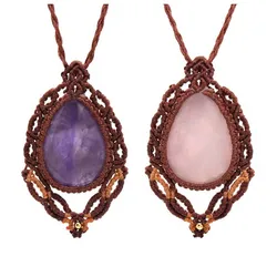 Crystal Braided Macrame Stone Pendant Necklace For Women Natural Amethyst Rose Quartz Handmade Rope Weave Chain Pendants Jewelry