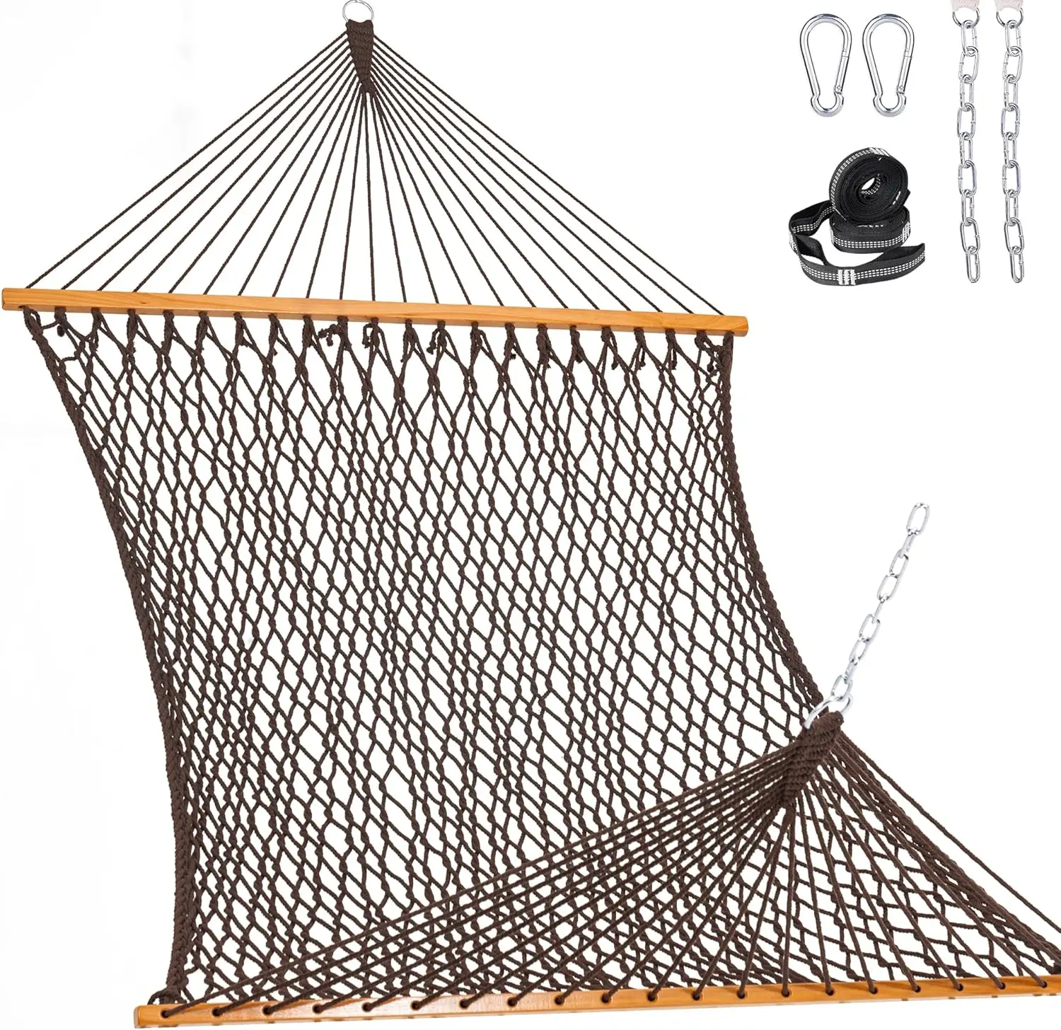 

Double Rope Hammock for Two, Hand-Woven Cotton with Spreader Bar and Straps, Holds Up to 450 Lbs, Dark Brown