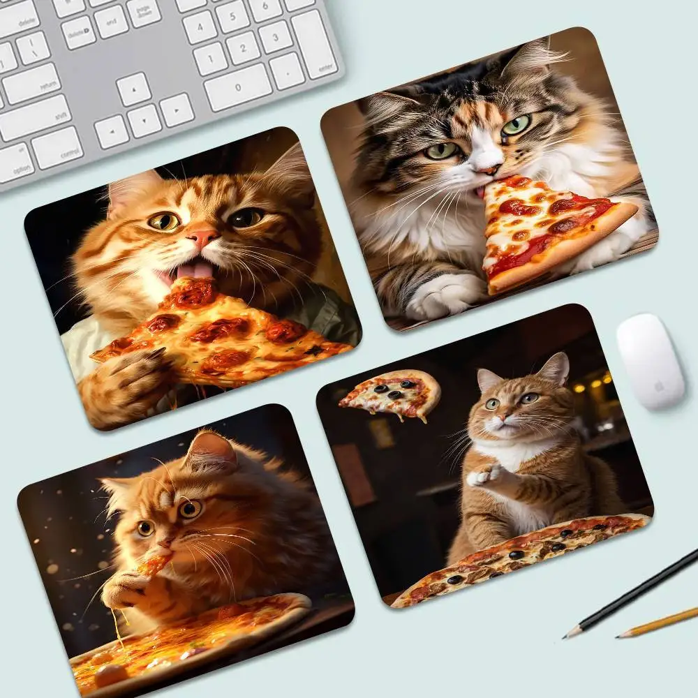 Alfombrilla de ratón con diseño de gato divertido comiendo pizza, 25x29, alfombrillas cuadradas pequeñas para mesa de juegos de oficina y ordenador, alfombrillas de goma antideslizantes para ratón, alfombrilla de escritorio