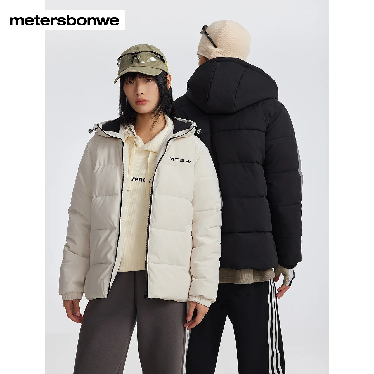 Metersbonwe-Herren Damen Baumwolle gepolsterte Jacke mit Kapuze bedruckt weichen Stoff kurze hochwertige wind dichte kälte feste warme Winter