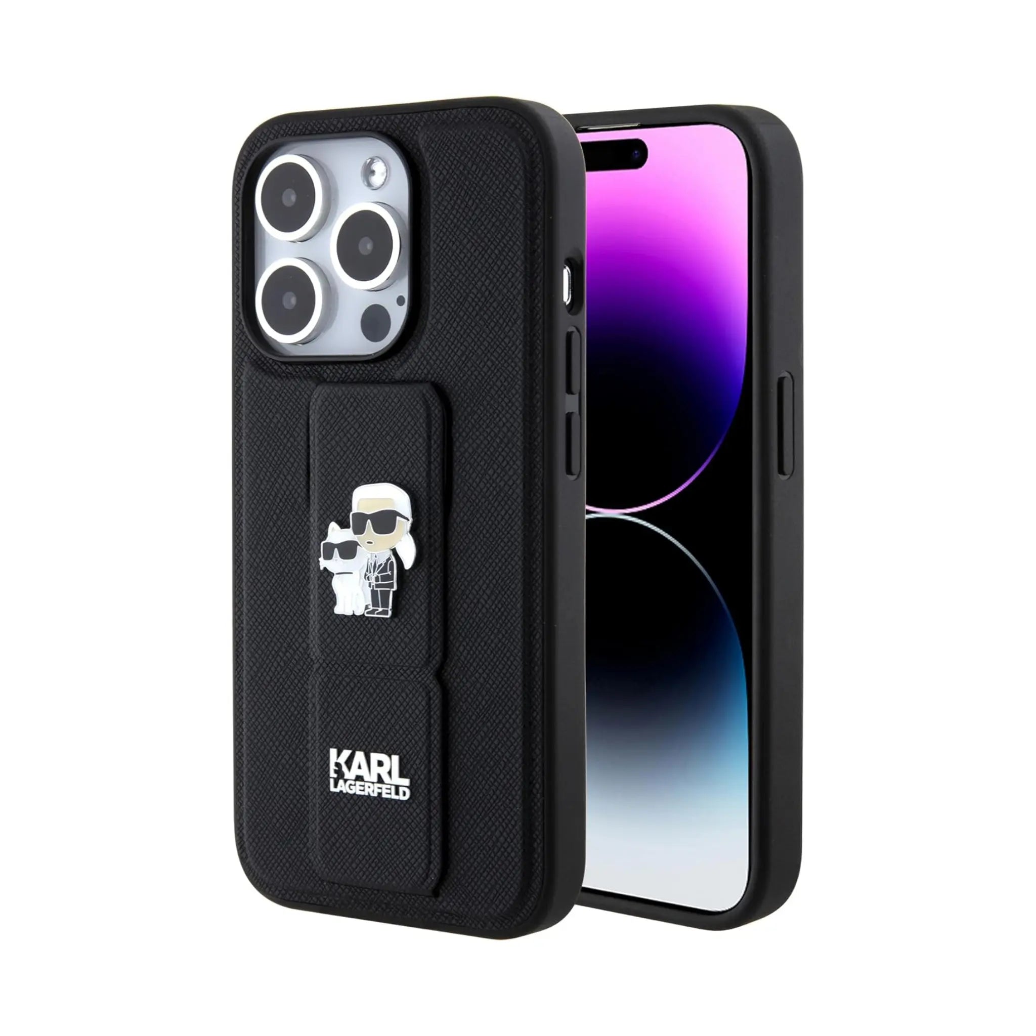 Karl Lagerfeld Gripstand Saffiano, etui z motywem Karl & Choupette, czarne – do iPhone 15 Pro.