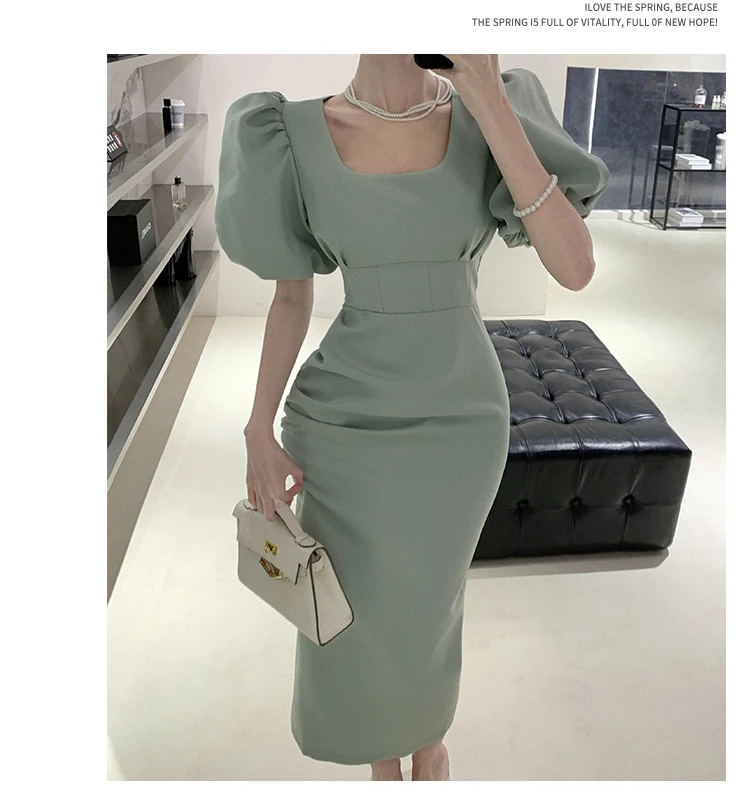 New High Quality Green Evening Party Dress Fashion Summer Women Chic Lantern Sleeve Square Collar Bodycon Split Long Prom Dress