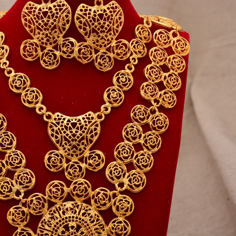 France Flower Gold Color Jewelry set For Women Dubai Gold Color Indian Moroccan Wedding Jewelry Arabic African set