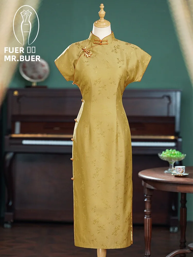 

Yellow Silk Ele Long-Qipao Sle Wedding Dr New Chinese High-Quali Polyester Fiber Breathable ort-Sve