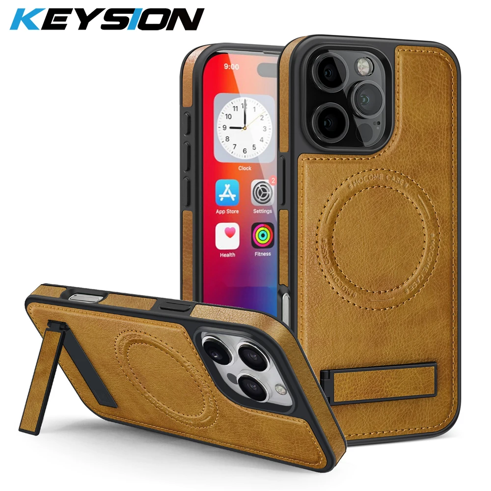 KEYSION Luxuxy PU Leather Magnetic Case for MagSafe for iPhone 16 Pro Max Kickstand Shockproof Phone Cover for iPhone 15 Pro Max