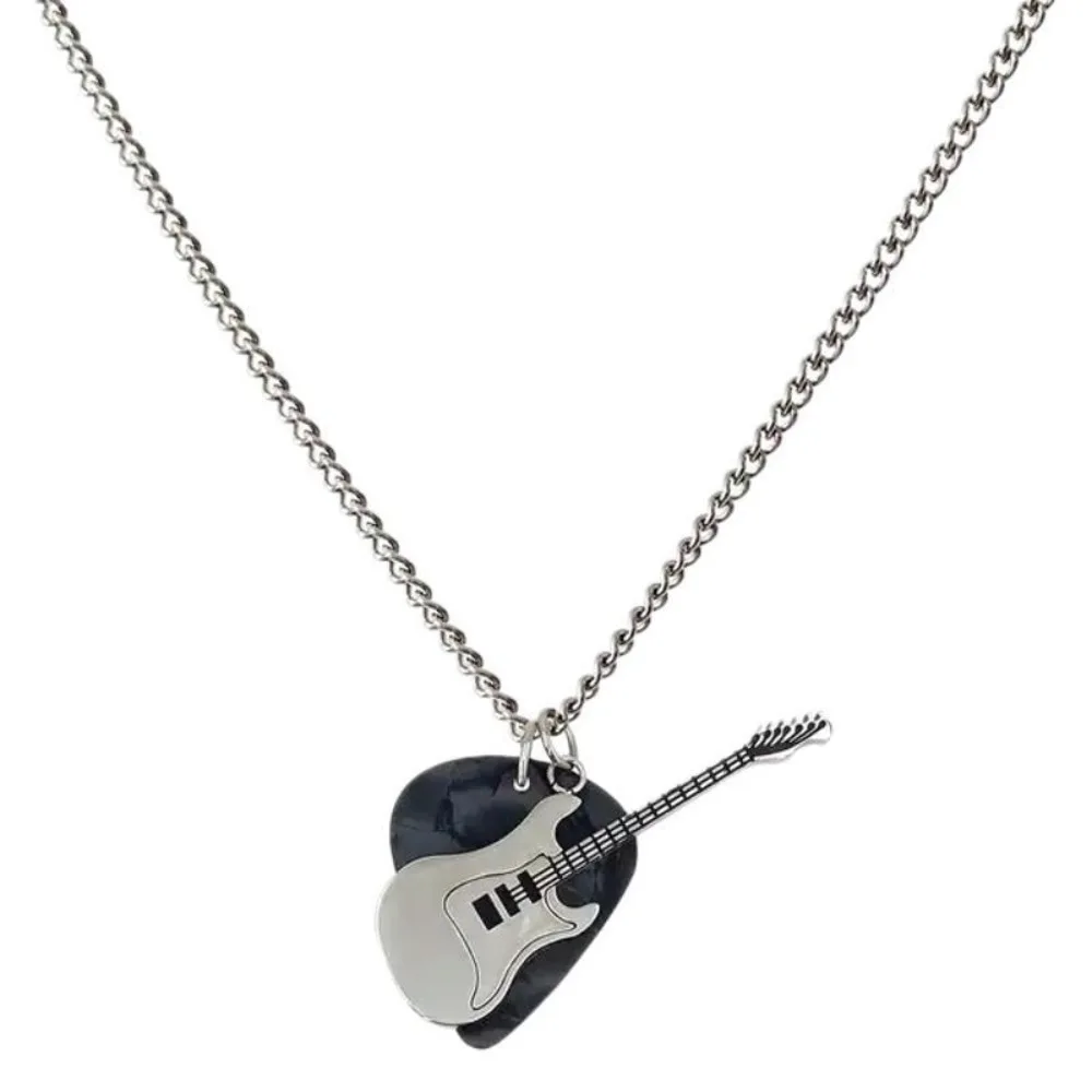 

Hip-hop Guitar Pick Pendant Necklace Punk Trendy Guitar Chain Choker Vintage Titanium Steel Electric Guitar Sweater Chain Unisex