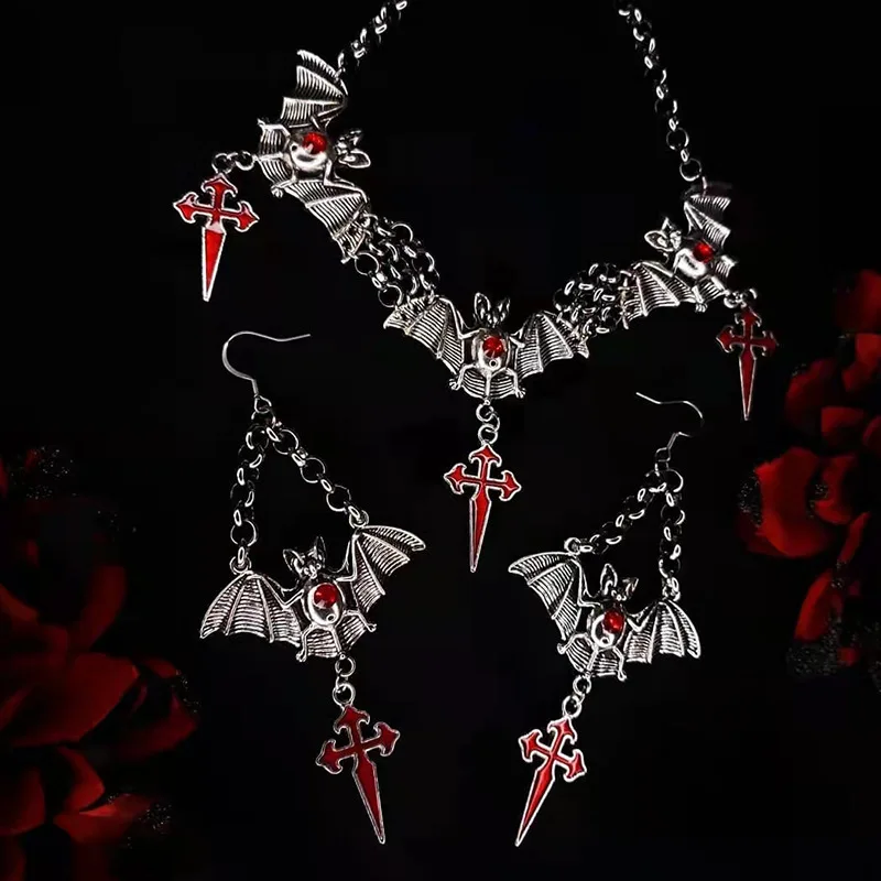 WANZHI New 3pcs Halloween Gothic Style Bat Cross Pendant Jewelry Set Exaggerated Exquisite Ruby Inset Necklace Bracelet Earrings