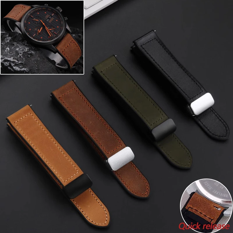 Magnetic Buckle cowhide Genuine Leather watch Strap 20 22mm Quick release Soft waterproof Men Silicone bottom watchband bracelet