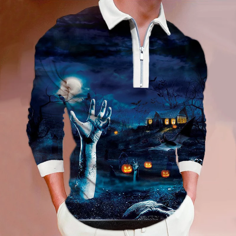 

Halloween Pumpkin Ghost 3D Print Polo Zipper Long Sleeve Shirt for Men Button Down Fashion Shirt