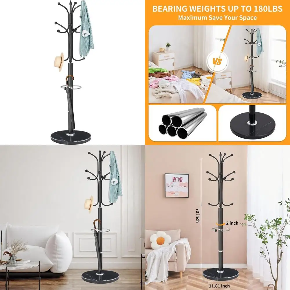 

Stylish Standing Coat Rack with 12 Hooks, Umbrella Stand, and Natural Marble Base for Entryway or Office