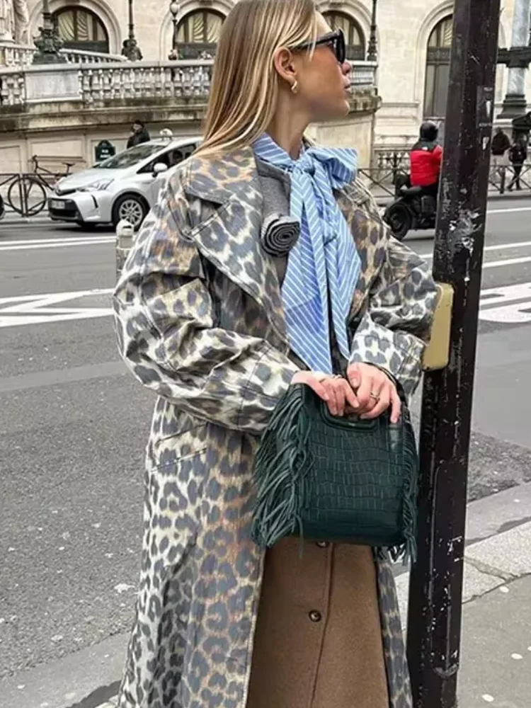 

Lapel Full Sleeve Pocket Loose Windbreak Coat Vintage Leopard Print Single Breasted Long Overcoats Fashion Lady Commute Outwear