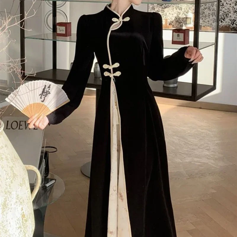 

Spring New Chinese Style Elegant Long Sleeve Jacquard Waist-Fitted Dress Vintage Maxi Dresses For Women Cheongsam Dress