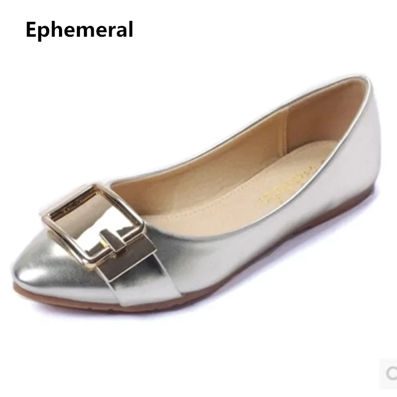 Womens Flat Buckle Shoes Soft Sole Anti-slip Gold Silver Black Plus Size 11 12 9 For Dancing Driving Brand Ephemeral Pointed Toe