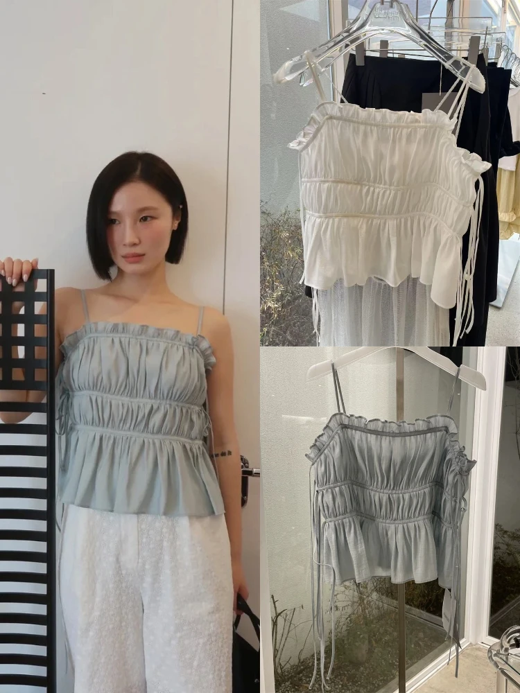 

Sweet Sle Dstring Bal Vest Folded Hem Strapl Top Women's Summer Faion Slim Fit Color Outerwear