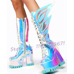 Sparkly Wings Platform High Boots Women New In Gorgeous High Block Heels Shoes Women Symphony Silver Stage Party Knee High Boots