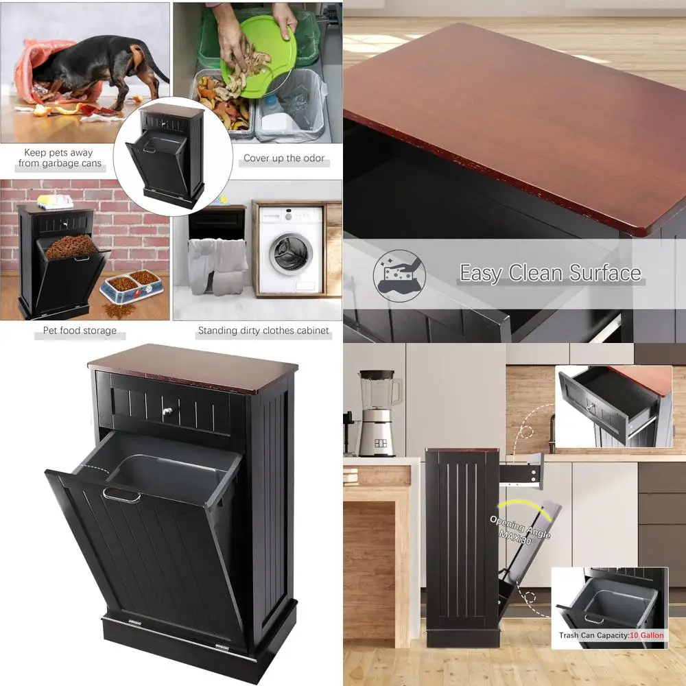 

Vintage Beadboard Kitchen Island with Solid Wood Top and Built-in Trash Bin, Black Single Door Laundry Cabinet