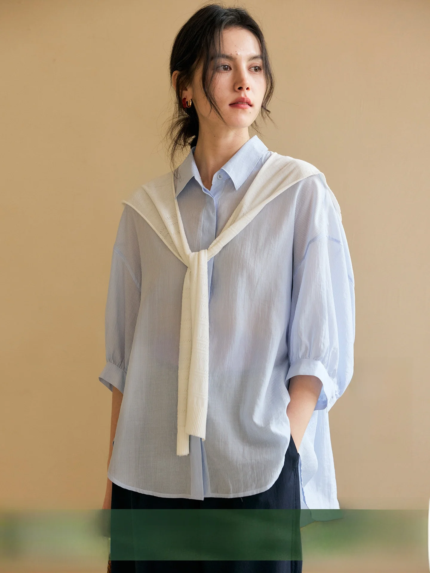 

HeyDress Women's Loose Striped Silk Shirt Spring Summer Removable Shawl Lazy Style Top Breathable Long Sleeve Flip Collar
