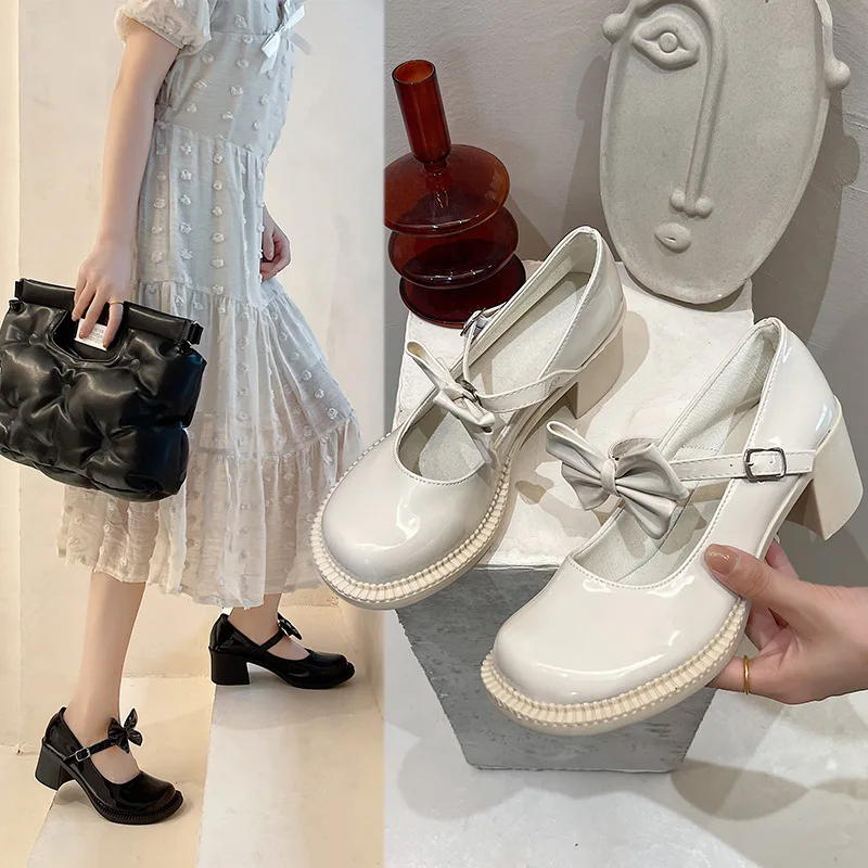 Comem Lolita Leather Shoes Female 2023 New Spring Summer Bow Thick High Heel Pumps Japanese Jk Mary Jane Shoe Casual Elegant 39