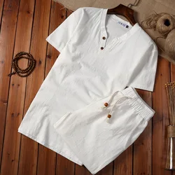 5XL Summer Loose-fit Vintage Casual Cotton Linen Suit For Men Chinese Style Long Sleeve T-shirt Shorts Two-piece Set