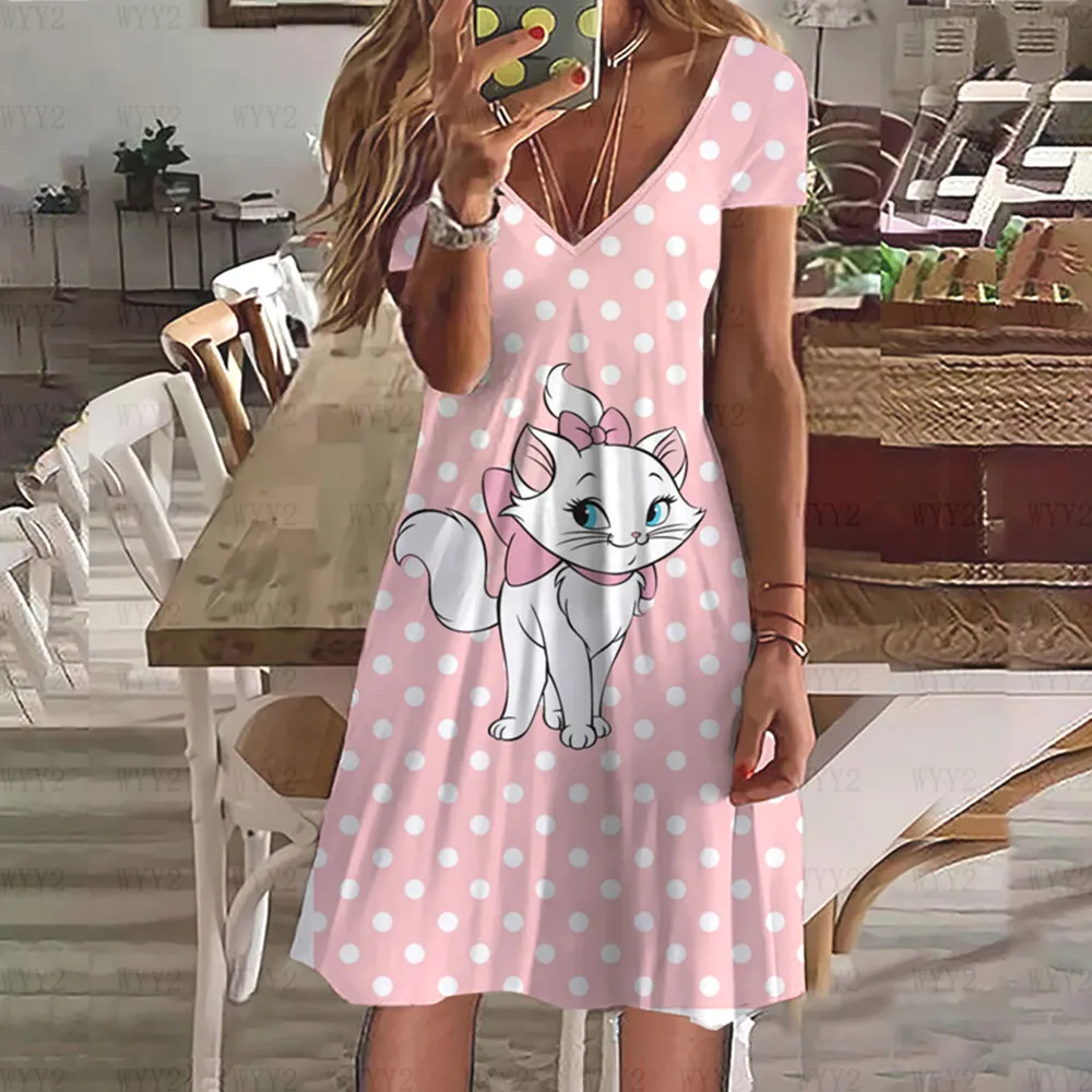 Vestido de manga corta con cuello en V para mujer, sencillo, holgado y cómodo, con estampado de gato de Disney Marie, a la moda y elegante