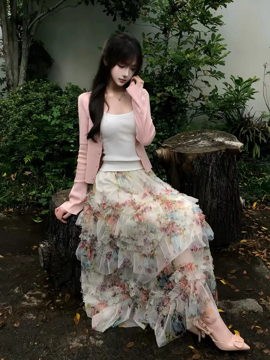 

Unique Beautiful Early Spring Women's Soft Pink Knitted Open Cardigan Layered Tank Top Mesh Skirt Three-Piece Set Fashionable...