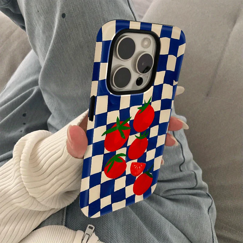 Fashionable Checkered Tomato art pattern Film-two-in-one phone case, Suitable for iPhone 17, 16, 15, 14, 13, 12, 11, etc.