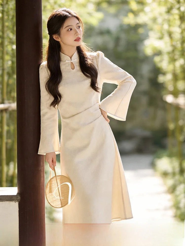 

plus Size Women's Dress New Chinese Style Waist Cinched Embroidered Skirt Spring 2026 Commute Style Long Sleeve Mid...