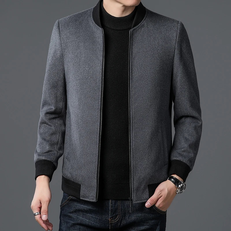 

Winter Autumn Men's Solid Color Wool Blend Zip Jacket Gray Black Essential Coat Effortless Quiet Luxury Outfits Gentlmen Look