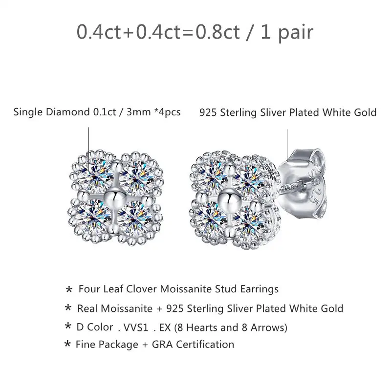 LUNAGIRL Four Leaf Clover Moissanite Stud Earrings 925 Silver Plated 18k White Gold Diamond Earring for Women Fine Jewelry Gifts