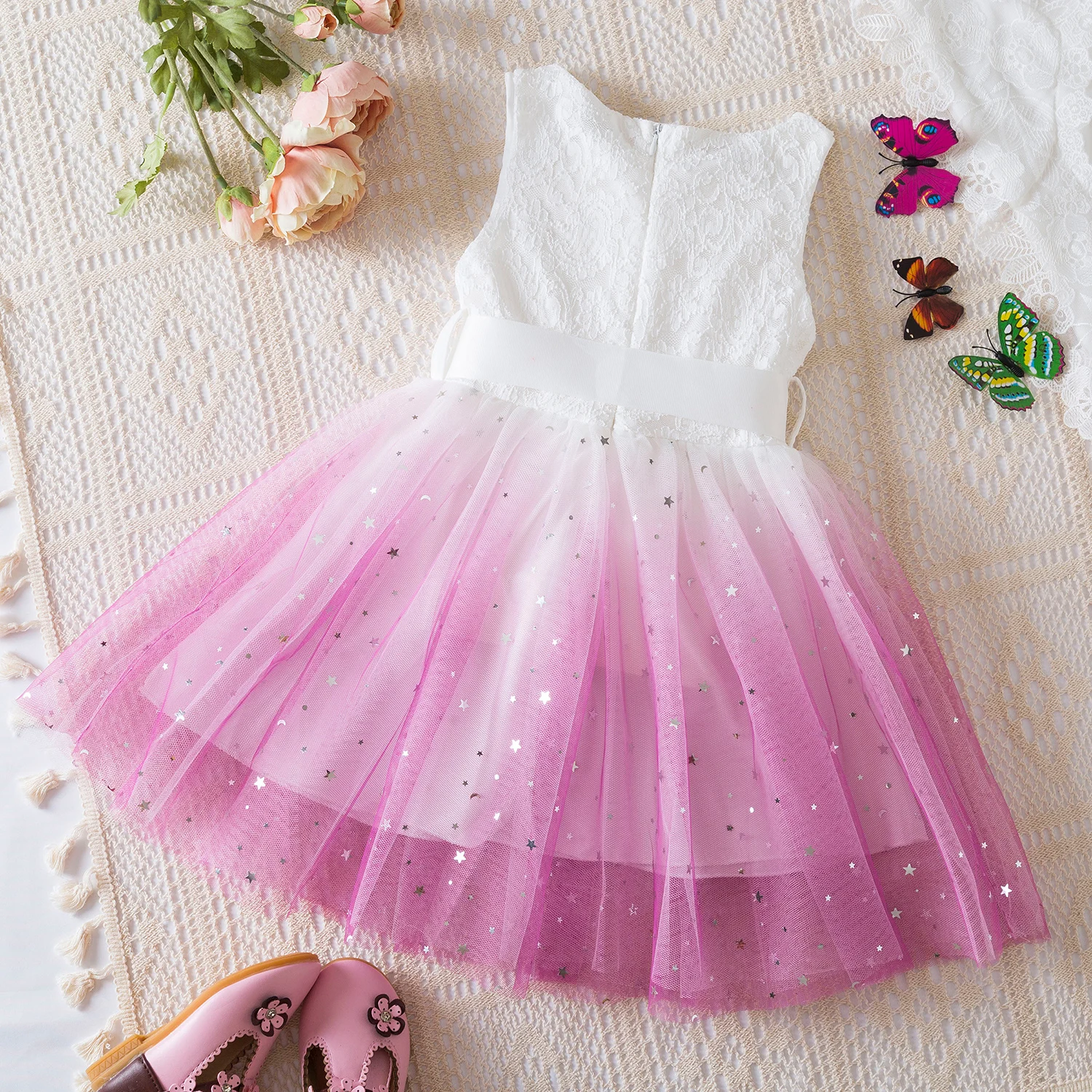 Dress for Kids Girls 2024 New Summer Clothes for 3-8Y Children Clothing Pink Ombre Princess Casual Dress for Birthday Party Wear