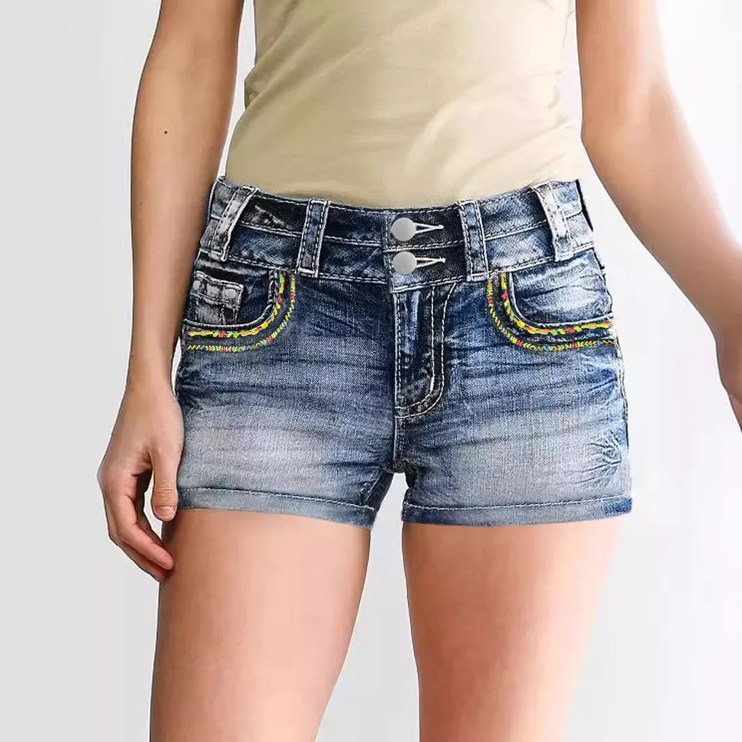 Denim shorts dames shorts met ritssluiting hoge taille jeans print noodlijdende gewassen Y2k streetwear zakken casual bodycon skinny 2025