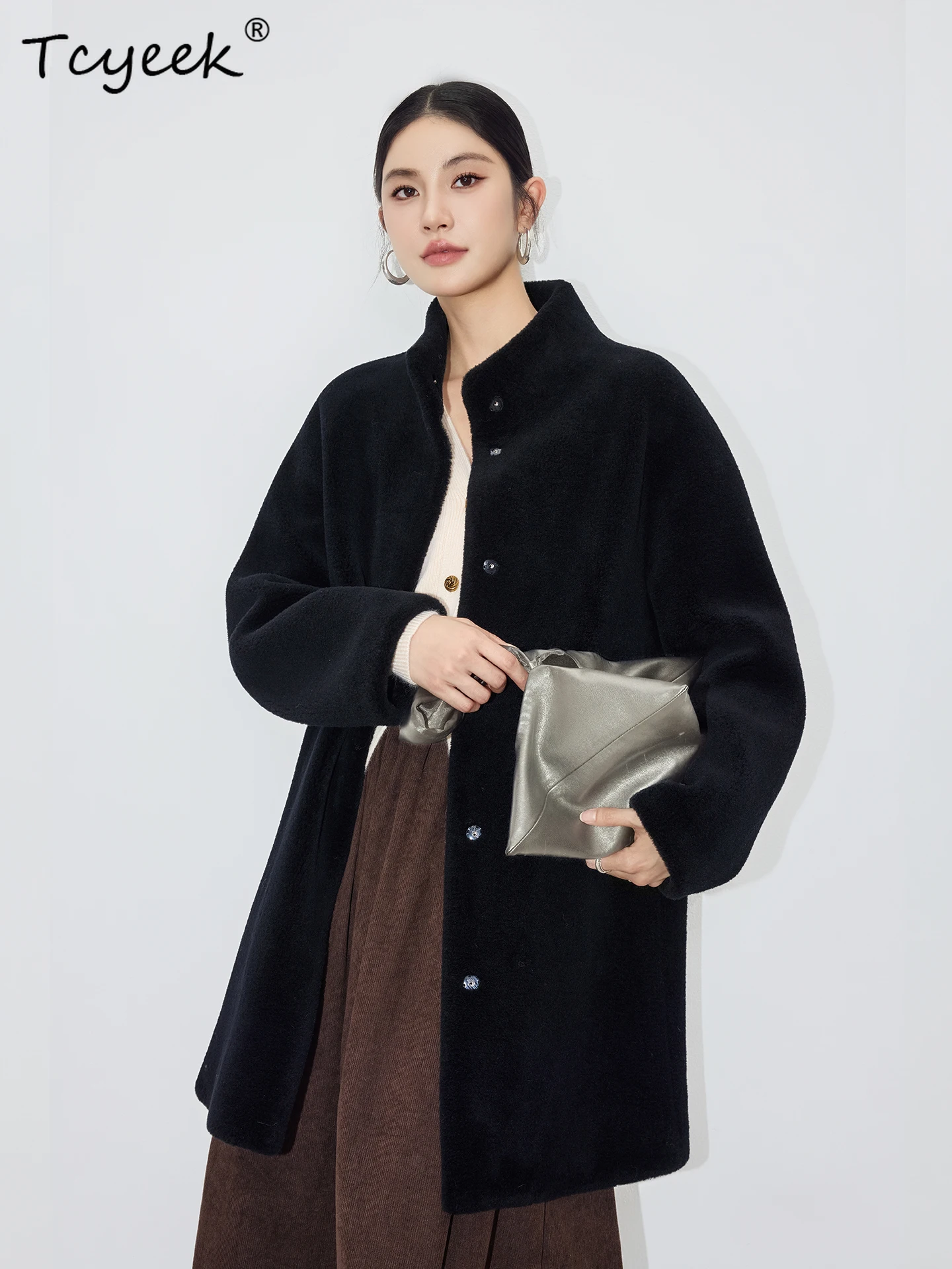 Tcyeek Real Wool Autumn Winter High End Trendy Stand Collar Black Medium Length Women's Wool Shearling Fur Coat Fourrures Femme