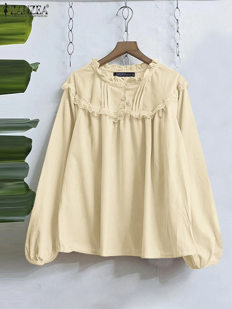 

ZANZEA Spring Ruffled Shirt Casual Loose 2025 Women Blouse Sweety Long Puff Sleeve Tops Holiday Stitching Pleating Tunics Femme