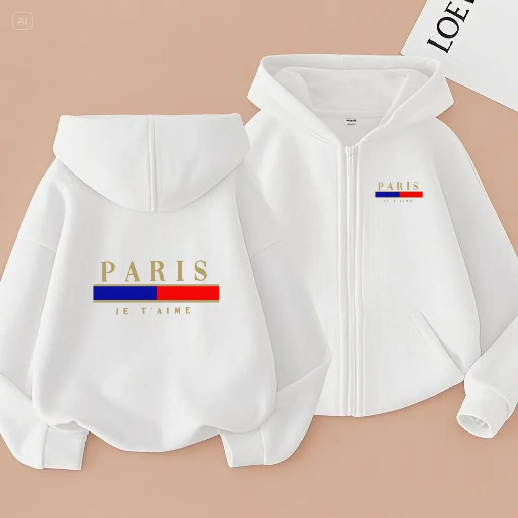 

Children Cardigan Sweatshirt Zipper Style Letter PARIS Hoodie Fashion Girls Boy3-12Yrs Casual Sunshine Top Loose Coat Tracksuits