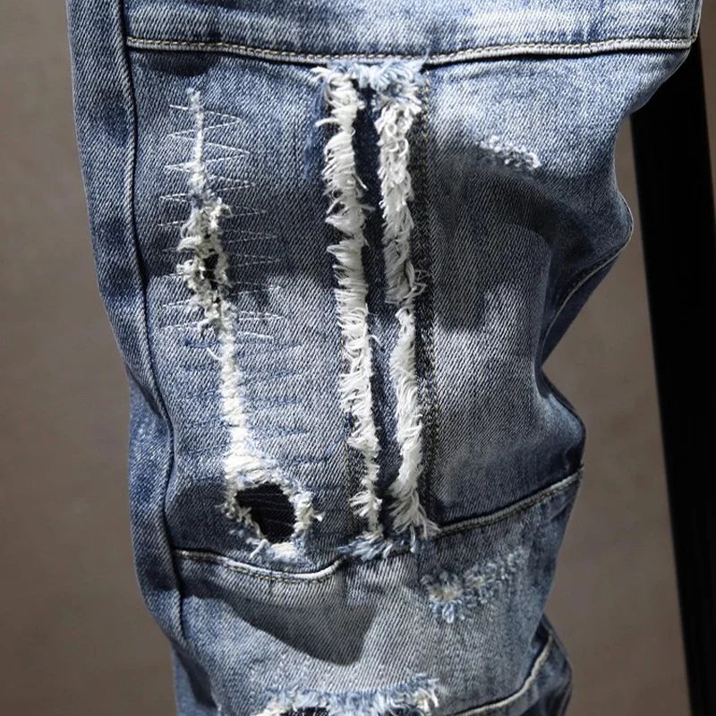 Street Designer Fashion Men Jeans Retro Blue Stretch Slim Fit Patched Ripped Jeans Men Y2K Hip Hop Vintage Denim Pants Hombre