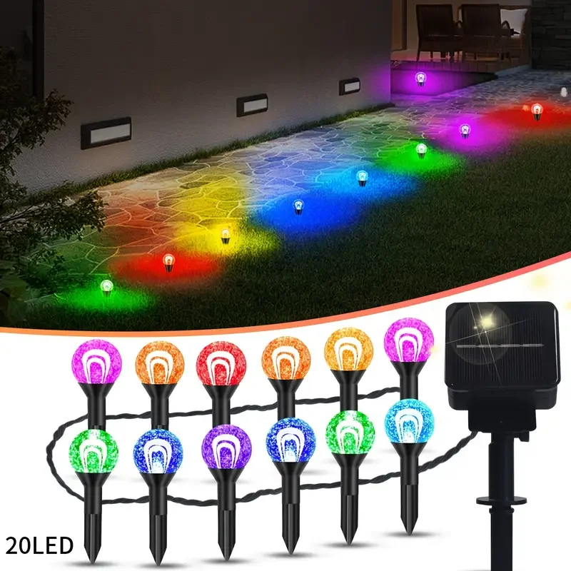 20 in 1 Solar Crystal Lights Outdoor MultiColor Fairy String Decor Plastic Stake Mounted Solar Charged Garden Pathway Light