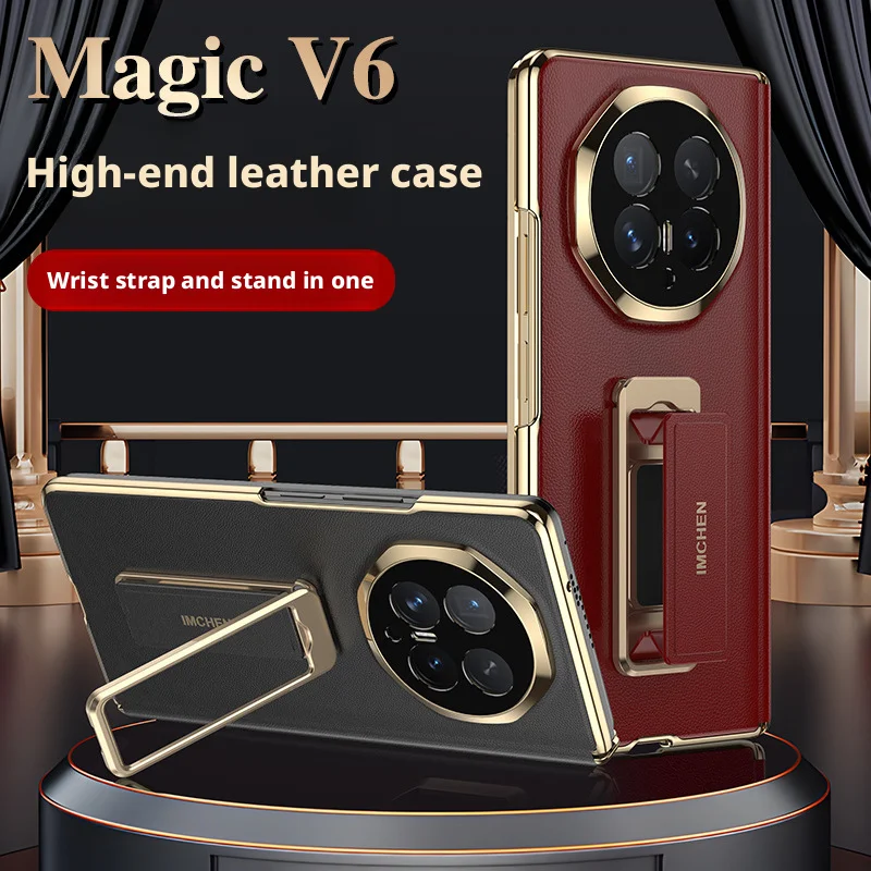 Luxury Genuine Leather Case For Honor Magicv6 Magic V6 360° Rotating Metal Bracket Anti-slip Finger Grip Band Cover