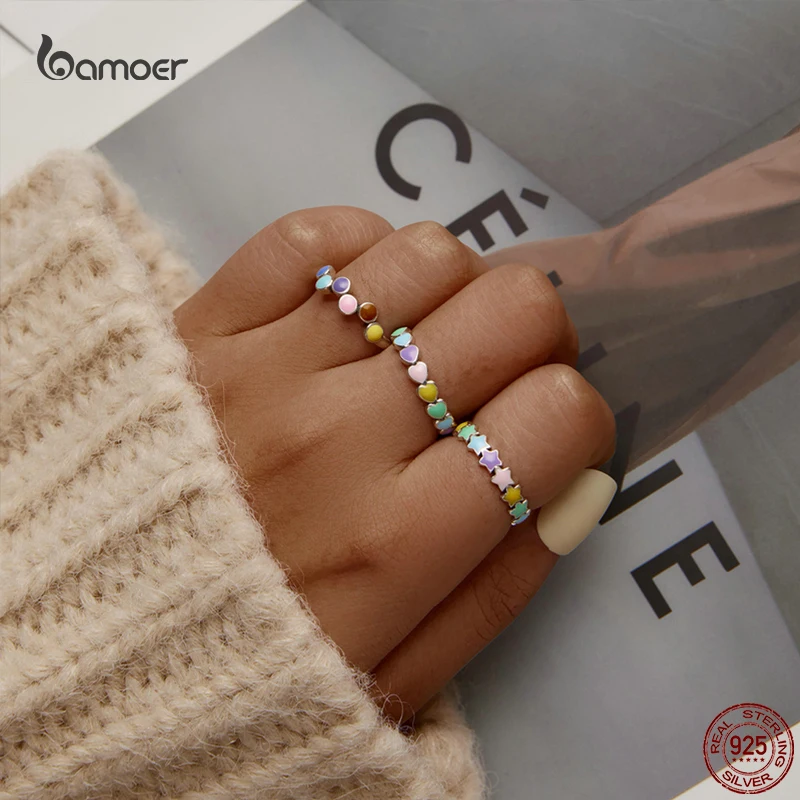 Bamoer New Fashion Rainbow Heart-Shape Silver Ring for Women Real 925 Sterling Silver Colorful Star Ring Fine All-Match Jewelry