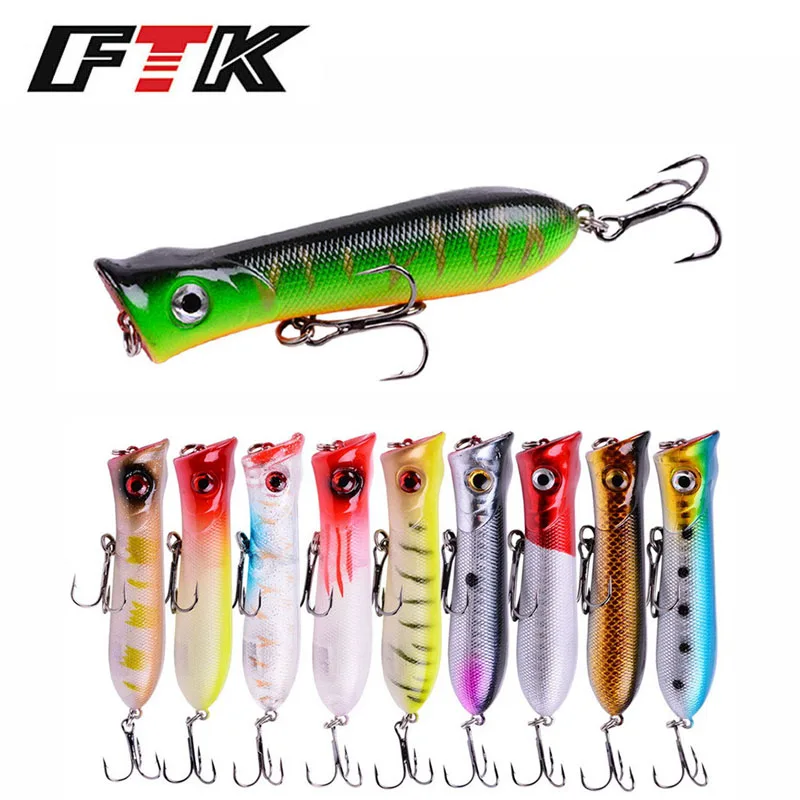 Ftk popper isca topwater 8cm 12g isca de pesca isca dura artificial wobblers plástico equipamento de pesca 10 cores