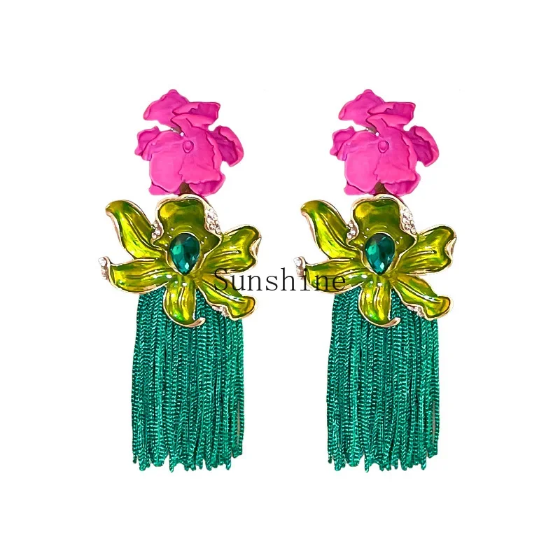 

Silver needle bohemian flower earrings niche woven rope tassel European and American light luxury earrings women