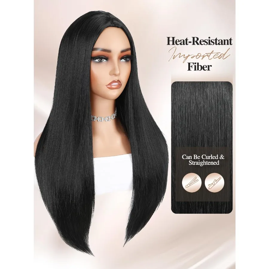 باروكة شعر مستعار سوداء طويلة مستقيمة صبغ شعر أسود للنساء الجزء الأوسط شعر طبيعي صناعي مقاوم للحرارة للحفلات أو القاعة