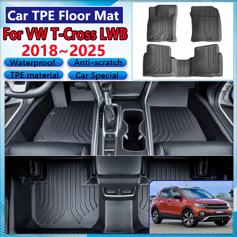 

Аксессуары для Volkswagen T-Cross VW TCross LWB C11 2018 ~ 2025 Автомобильный напольный коврик Грязеотталкивающий грязевой ковер Полный TPE Подушка для ног