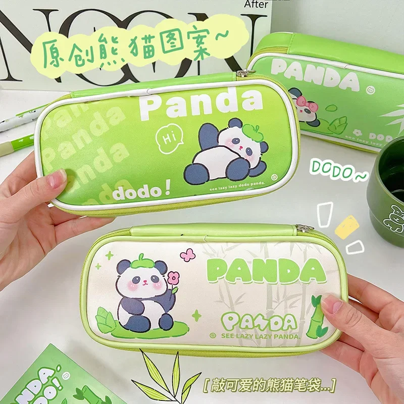 1 Piec Cute Cartoon Panda Pencil Case for Kids Green Color Series Kawaii Panda Pencil Bag High Capacity Stationery Storage Bag