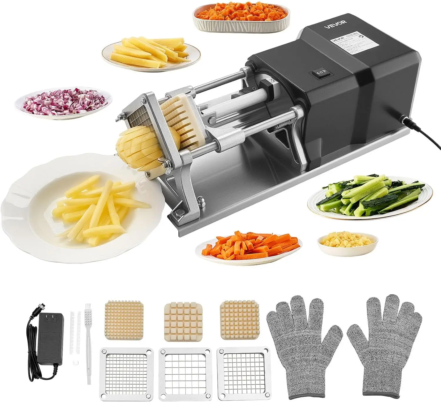 Commercial French Fry Cutter, Stainless Steel Vegetable Fruit Chopper with 3 Replacement Blades 1/2-Inch 3/8-Inch 1/4-Inch, Elec