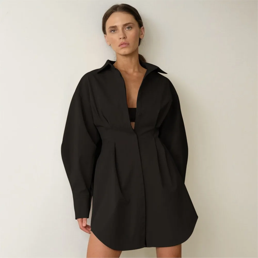 2025 Spring Women's Dress Shirt Dress Waist-hugging Temperament Slim Long Sleeves Slim Solid Color Niche Retro Dress Office Lady